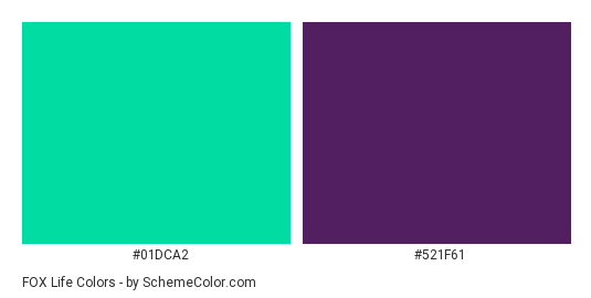 FOX life - Color scheme palette thumbnail - #01dca2 #521f61 