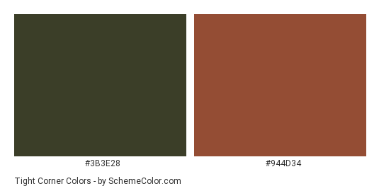 Tight Corner - Color scheme palette thumbnail - #3b3e28 #944d34 