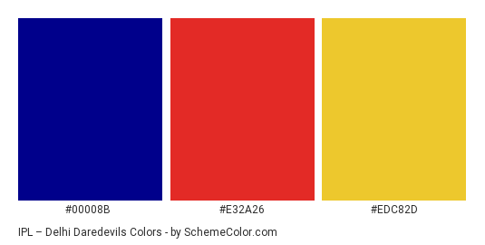 IPL – Delhi Daredevils - Color scheme palette thumbnail - #00008b #e32a26 #edc82d 