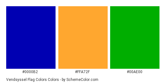 Vendsyssel Flag Colors - Color scheme palette thumbnail - #0000B2 #FFA72F #00AE00 