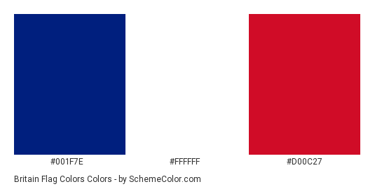Britain Flag Colors - Color scheme palette thumbnail - #001f7e #ffffff #d00c27 