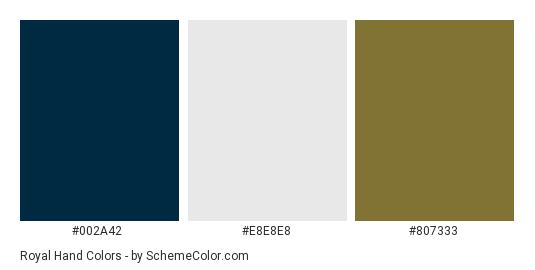 Royal Hand - Color scheme palette thumbnail - #002a42 #e8e8e8 #807333 