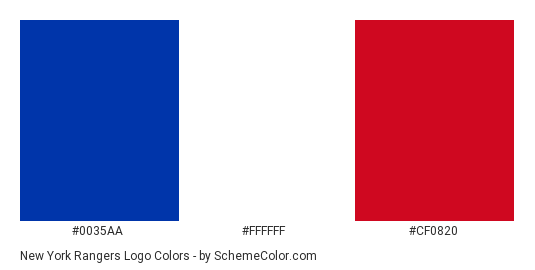 New York Rangers Logo - Color scheme palette thumbnail - #0035aa #ffffff #cf0820 