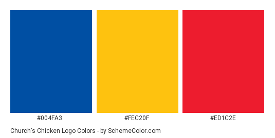 Church’s Chicken Logo - Color scheme palette thumbnail - #004fa3 #fec20f #ed1c2e 