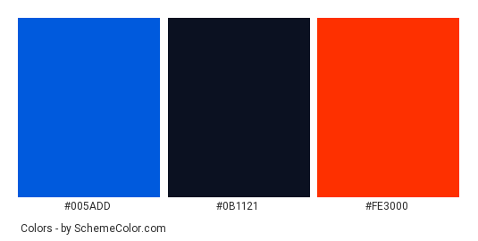 Black Swan - Color scheme palette thumbnail - #005add #0b1121 #fe3000 