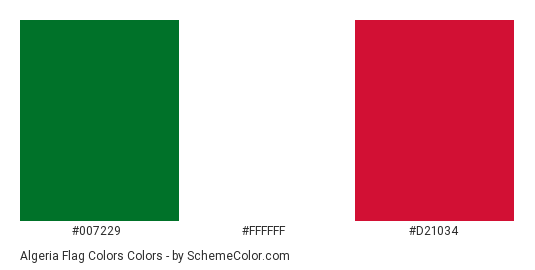 Algeria Flag Colors - Color scheme palette thumbnail - #007229 #FFFFFF #D21034 