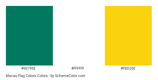 Macau Flag Colors - Color scheme palette thumbnail - #00795e #ffffff #fbd20e 