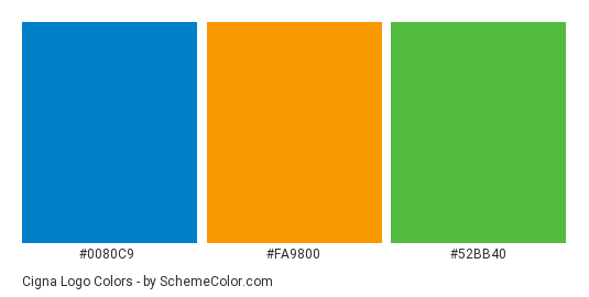 Cigna Logo - Color scheme palette thumbnail - #0080c9 #fa9800 #52bb40 