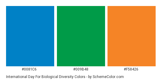 International Day for Biological Diversity - Color scheme palette thumbnail - #0081c6 #009b48 #f58426 
