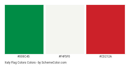 Italy Flag Colors - Color scheme palette thumbnail - #008C45 #F4F5F0 #CD212A 