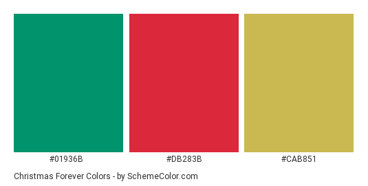 Christmas Forever - Color scheme palette thumbnail - #01936b #db283b #cab851 