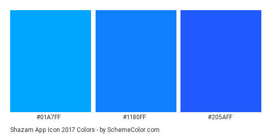 Shazam App Icon 2017 - Color scheme palette thumbnail - #01a7ff #1180ff #205aff 