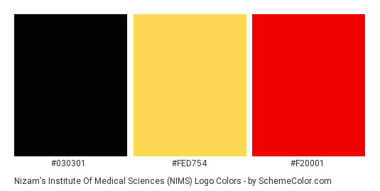 Nizam’s Institute of Medical Sciences (NIMS) Logo - Color scheme palette thumbnail - #030301 #fed754 #f20001 