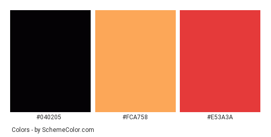 Twigs and Red Leaves - Color scheme palette thumbnail - #040205 #fca758 #e53a3a 
