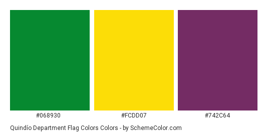 Quindío Department Flag Colors - Color scheme palette thumbnail - #068930 #fcdd07 #742c64 