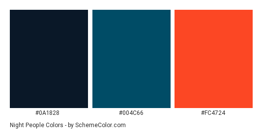 Night People - Color scheme palette thumbnail - #0a1828 #004c66 #fc4724 