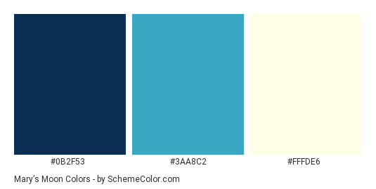 Mary’s Moon - Color scheme palette thumbnail - #0b2f53 #3aa8c2 #fffde6 