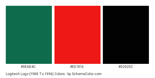 Logitech Logo (1988 to 1996) - Color scheme palette thumbnail - #0e6b4c #ee1816 #020202 