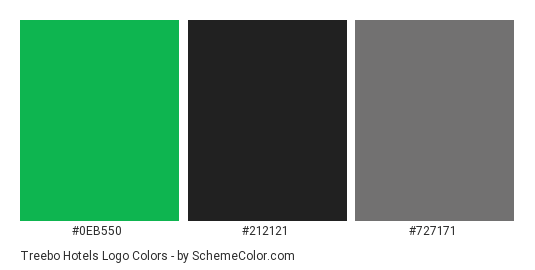 Treebo Hotels Logo - Color scheme palette thumbnail - #0eb550 #212121 #727171 