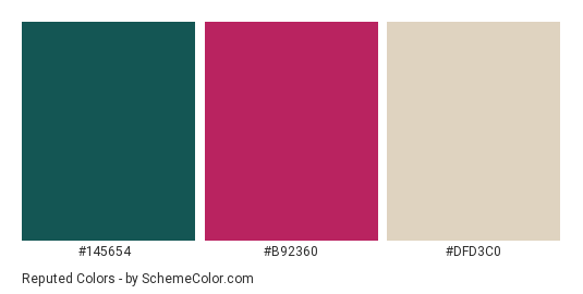 Reputed - Color scheme palette thumbnail - #145654 #B92360 #DFD3C0 