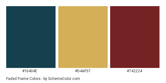 Faded Frame - Color scheme palette thumbnail - #16404e #d4af57 #742224 