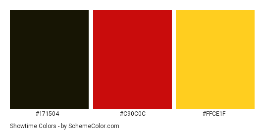 Showtime - Color scheme palette thumbnail - #171504 #C90C0C #FFCE1F 