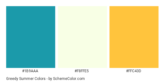 Greedy Summer - Color scheme palette thumbnail - #1B9AAA #F8FFE5 #FFC43D 