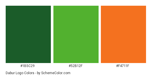 Dabur Logo - Color scheme palette thumbnail - #1b5c29 #52b12f #f4711f 