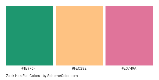 Zack Has Fun - Color scheme palette thumbnail - #1e976f #fec282 #e0749a 
