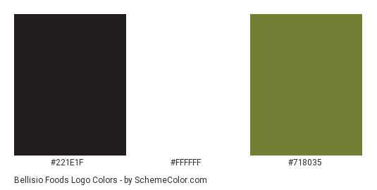 Bellisio Foods Logo - Color scheme palette thumbnail - #221e1f #ffffff #718035 