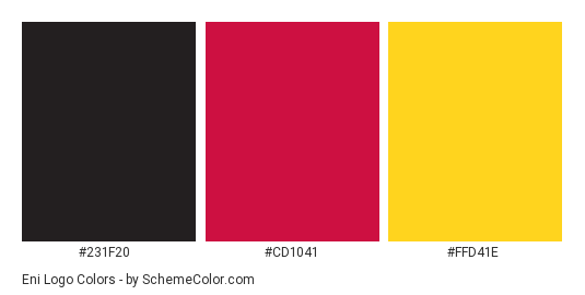 Eni Logo - Color scheme palette thumbnail - #231f20 #cd1041 #ffd41e 