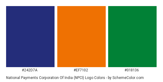 National Payments Corporation of India (NPCI) Logo - Color scheme palette thumbnail - #242d7a #ef7102 #018136 