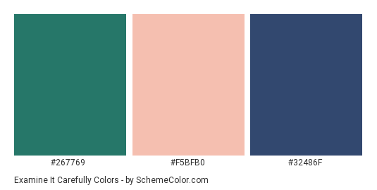 Examine it Carefully - Color scheme palette thumbnail - #267769 #f5bfb0 #32486f 