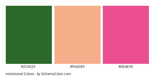 Intentional - Color scheme palette thumbnail - #2c6829 #F6AD89 #EB4E90 