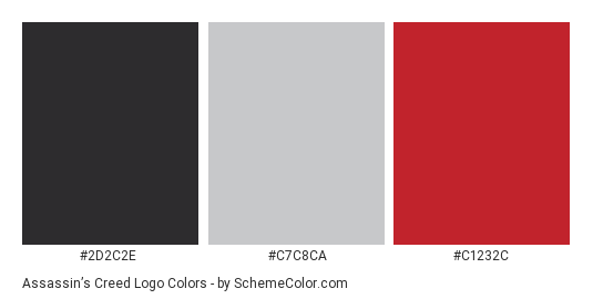 Assassin’s Creed Logo - Color scheme palette thumbnail - #2d2c2e #c7c8ca #c1232c 
