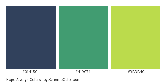 Hope Always - Color scheme palette thumbnail - #31415c #419c71 #bbdb4c 