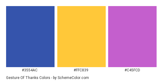 Gesture of Thanks - Color scheme palette thumbnail - #3554ac #FFC839 #C45FCD 