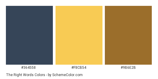 The Right Words - Color scheme palette thumbnail - #364558 #F8CB54 #9B6E2B 