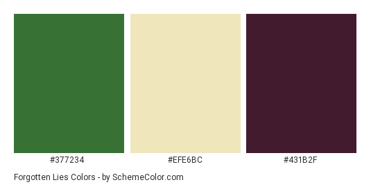 Forgotten Lies - Color scheme palette thumbnail - #377234 #efe6bc #431b2f 