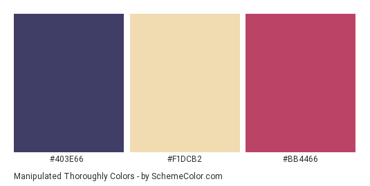 Manipulated Thoroughly - Color scheme palette thumbnail - #403E66 #F1DCB2 #BB4466 