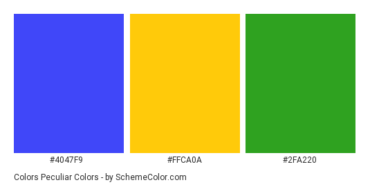 Colors Peculiar - Color scheme palette thumbnail - #4047f9 #ffca0a #2fa220 