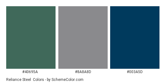 Reliance Steel & Aluminum Logo - Color scheme palette thumbnail - #40695a #8a8a8d #003a5d 
