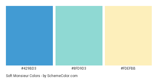 Soft Monsieur - Color scheme palette thumbnail - #429BD3 #8FD9D3 #FDEFBB 