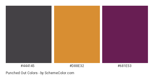 Punched Out - Color scheme palette thumbnail - #444145 #D88E32 #681E53 