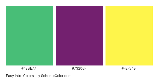 Easy Intro - Color scheme palette thumbnail - #48BE77 #73206F #FEF54B 