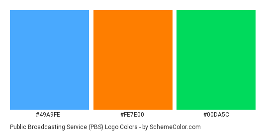Public Broadcasting Service (PBS) Logo - Color scheme palette thumbnail - #49a9fe #fe7e00 #00da5c 