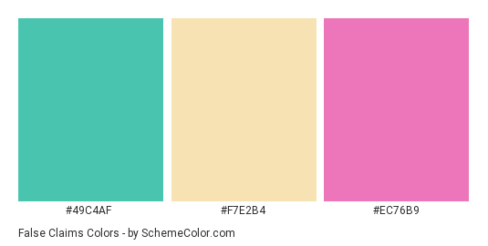 False Claims - Color scheme palette thumbnail - #49c4af #f7e2b4 #ec76b9 