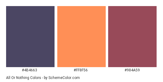 All Or Nothing - Color scheme palette thumbnail - #4B4663 #FF8F56 #984A59 