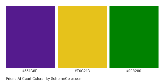 Friend at Court - Color scheme palette thumbnail - #551b8e #e6c21b #008200 