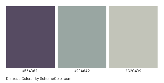 Distress - Color scheme palette thumbnail - #564B62 #99A6A2 #C2C4B9 